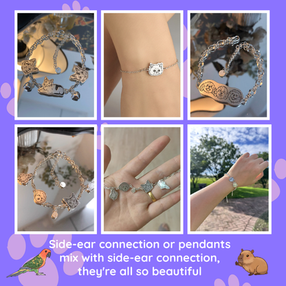 Collage of various silver bracelets with charms on a purple background. custom bracelet, pet jewerly, memory gift