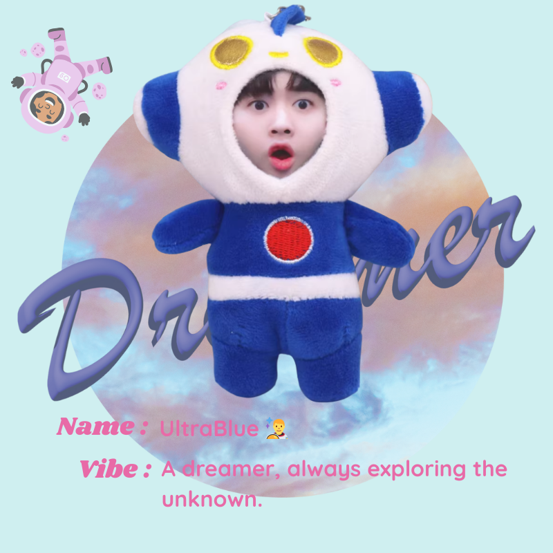 Child in a blue and white costume with a surprised expression, set against a light blue background with text and graphics.UltraBlue -Alien. Vibe: Adreamer, always exploring the unknown. Custom Gift-Personalized Talking Photo Keychain, gift for couples, ift for boyfriend / girlfriend long-distance relationship gift meaningful keepsake