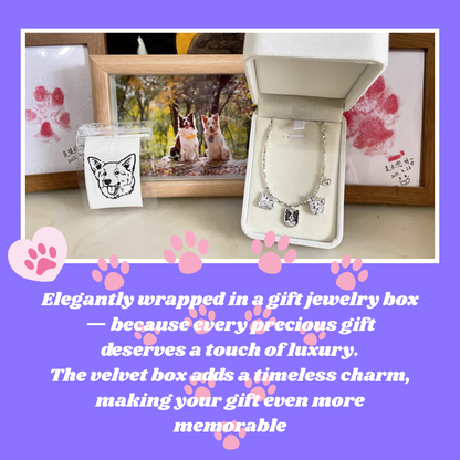 Jewelry box with a necklace, framed photo, and paw prints on a purple background custom bracelet, pet jewerly, memory gift