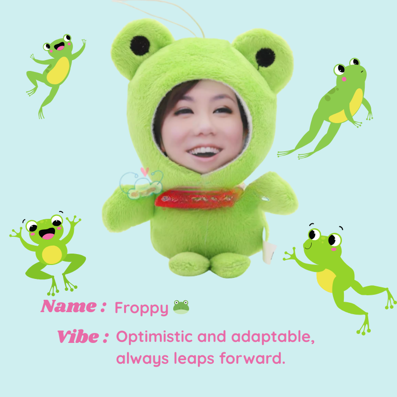 Person wearing a green frog costume with animated frogs on a light blue background. Froppy - Frog. Vibe : Optimistic and adaptable, always leaps forward. Custom Gift-Personalized Talking Photo Keychain, gift for couples, ift for boyfriend / girlfriend long-distance relationship gift meaningful keepsake