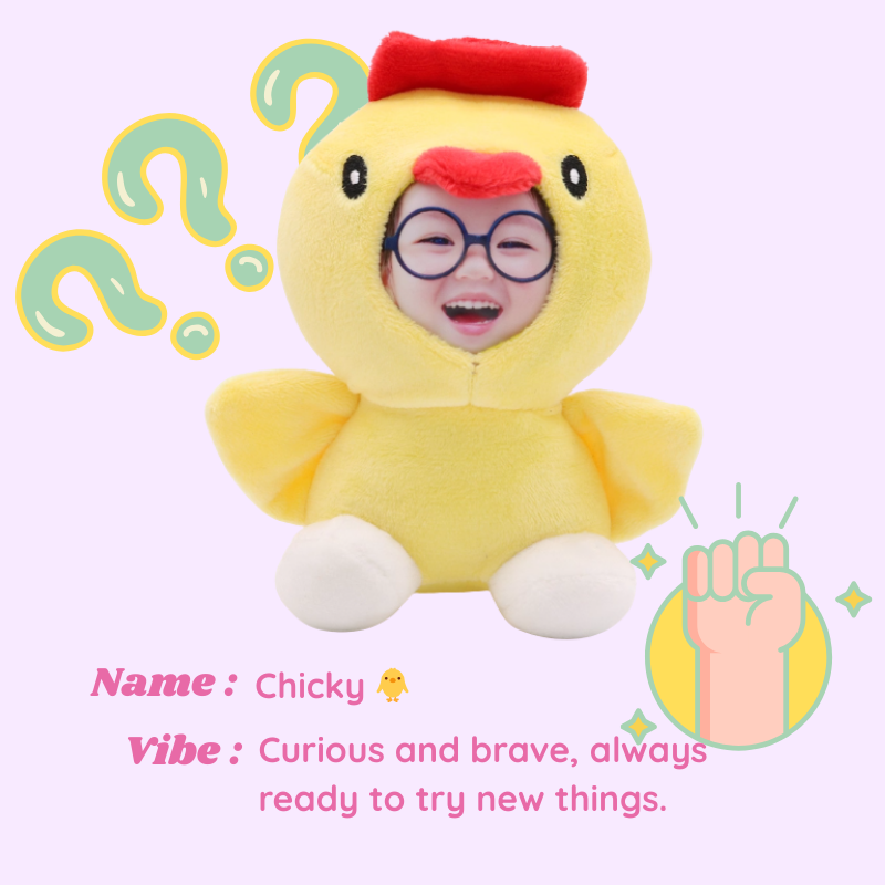 Child in a yellow chicken costume with question marks and a fist emoji on a light pink background. Chick - Chicken. Vibe : Curious and brave, always ready to try new thins. Custom Gift-Personalized Talking Photo Keychain, gift for couples, ift for boyfriend / girlfriend long-distance relationship gift meaningful keepsake