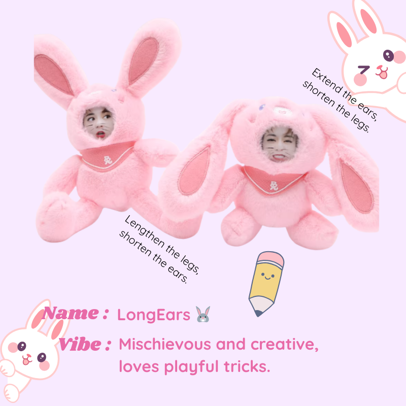 Two pink plush toys with bunny ears on a light purple background, featuring text and a pencil icon. Extend the ears, shorten the legs. and Lengthen the legs. shorten the ears. Long Ears - Rabby. Vibe : Mishievous and creative, loves playful tricks. Custom Gift-Personalized Talking Photo Keychain, gift for couples, ift for boyfriend / girlfriend long-distance relationship gift meaningful keepsake