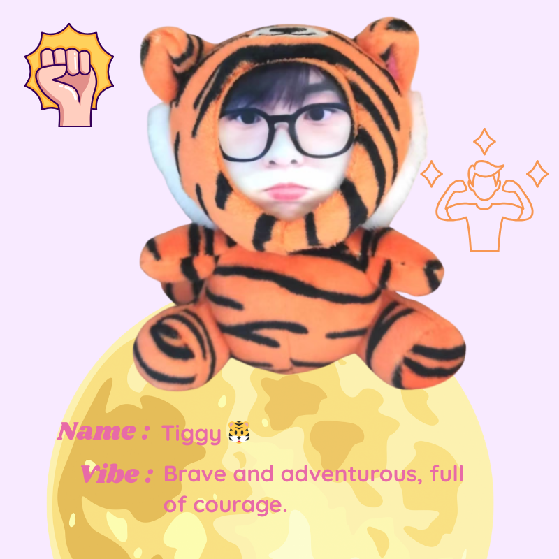 Person wearing a tiger costume with decorative elements on a light purple background. Tiggy - Tiger. Vibe : Brave and adventurous, full of courage. Custom Gift-Personalized Talking Photo Keychain, gift for couples, ift for boyfriend / girlfriend long-distance relationship gift meaningful keepsake