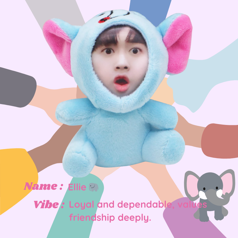 Person wearing a blue plush toy costume with pink ears against a colorful background. Ellie - Elephant. Vibe : Loyal and dependable, values friendship deeply. Custom Gift-Personalized Talking Photo Keychain, gift for couples, ift for boyfriend / girlfriend long-distance relationship gift meaningful keepsake