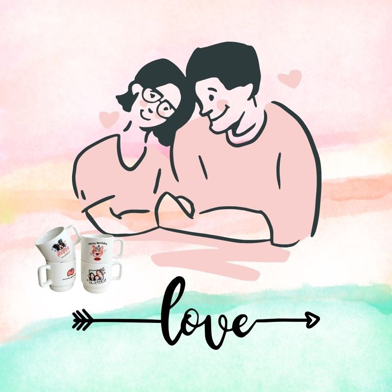 Illustration of a couple holding a baby with two mugs and the word 'love' on a colorful background.