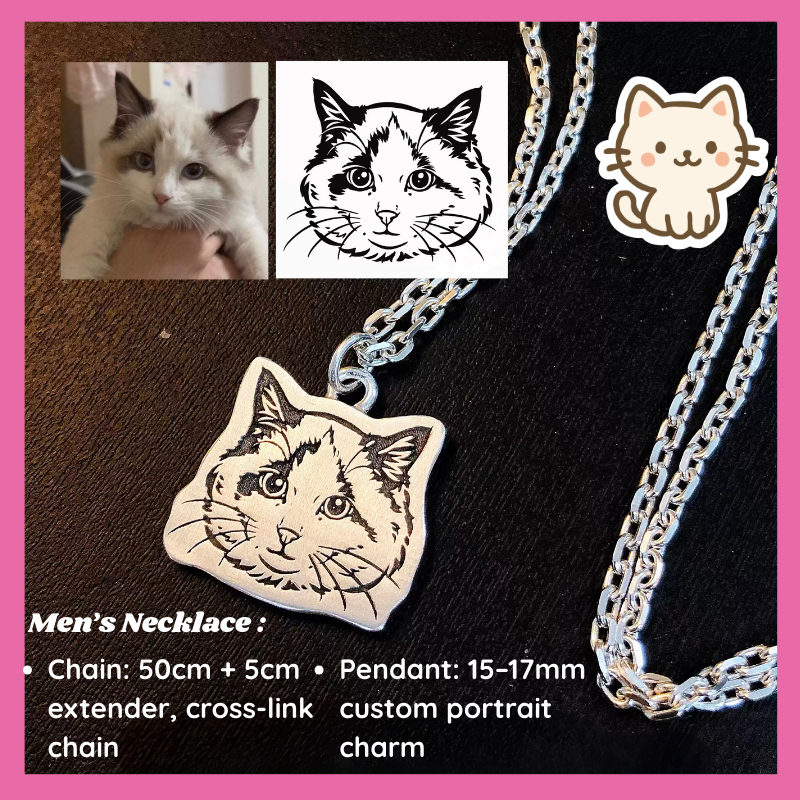 Cat-themed necklace with pendant, chain, and extender on a dark background, One photo of a cat, one cat design illustration, and one actual pendant, all highly similar, meaningful keepsake, memory gift