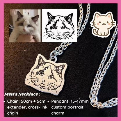 Cat-themed necklace with pendant, chain, and extender on a dark background, One photo of a cat, one cat design illustration, and one actual pendant, all highly similar, meaningful keepsake, memory gift