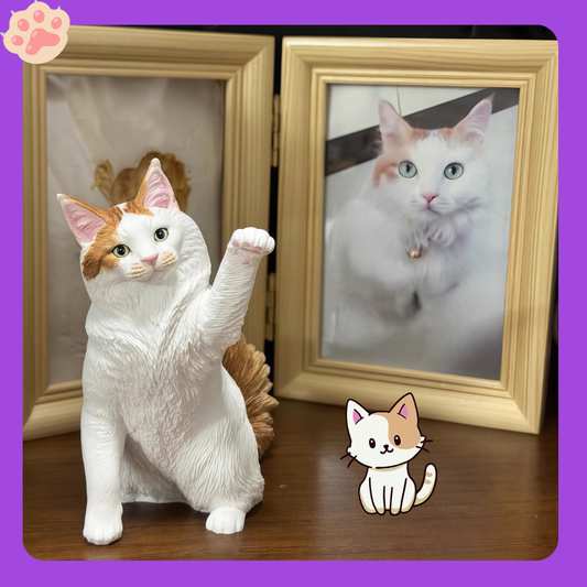 Cat figurine with raised paw next to a framed picture of a cat on a wooden surface. Memory gift, Pet lovers, Personalized 3D printed dog figurine, pet memory keepsake, Custom 3D printed cat figurine, cherished pet gift, beloved pet, Perfect memory gift