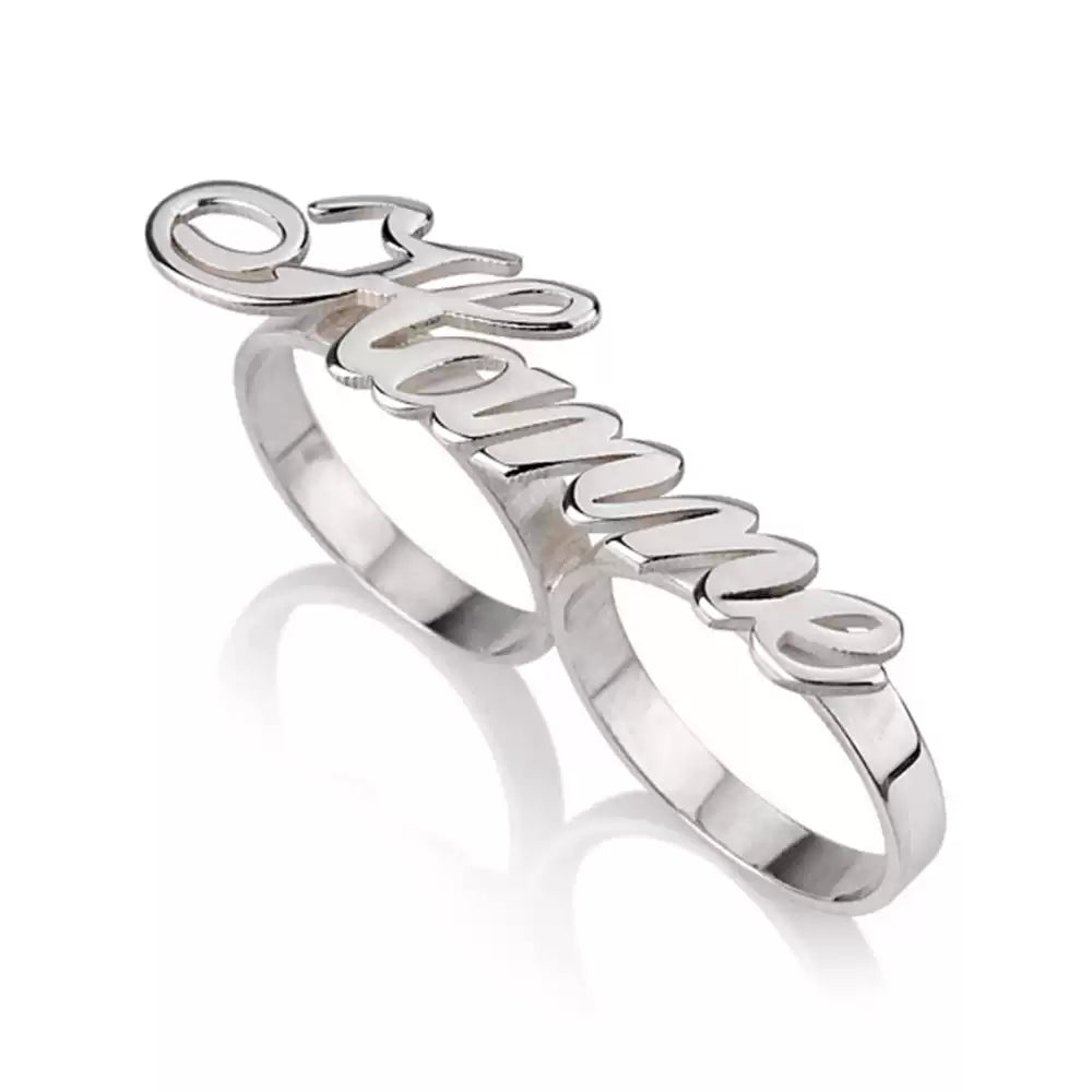 Silver ring with 'Alanna' engraved on a white background. Double hole rings. Stainless Steel Name Jewelry. Custom Gift-Personalized. gift for boyfriend / girlfriend. long-distance relationship gift meaningful keepsake. Memory gift. Christmas couple gift. Birthday Gift. 