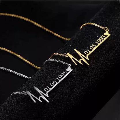 Two gold necklaces with engraved dates on a black background. Stainless Steel Name Jewelry. Custom Gift-Personalized. gift for boyfriend / girlfriend. long-distance relationship gift meaningful keepsake. Memory gift. Christmas couple gift. Birthday Gift. Wave Chain Name Necklace
