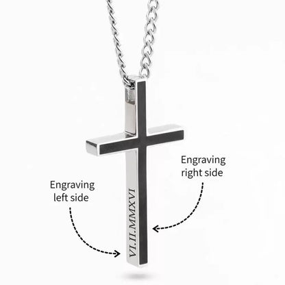 Silver cross pendant with engraved text on a white background. Stainless Steel Name Jewelry. Custom Gift-Personalized. gift for boyfriend / girlfriend. long-distance relationship gift meaningful keepsake. Memory gift. Christmas couple gift. Birthday Gift. Men’s Black Cross Name Necklace