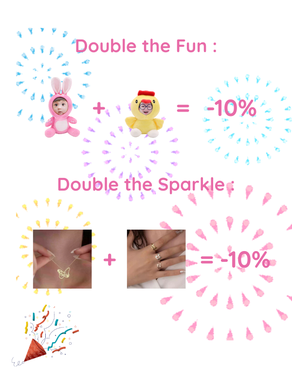 Two cartoon characters with text 'Double the Fun' and 'Double the Sparkle', each with a minus 10% sign.