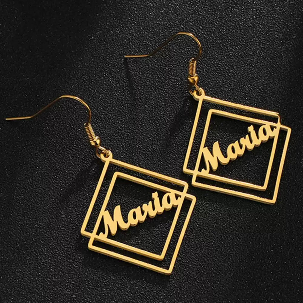 Gold 'Mario' earrings on a black background Stainless Steel Name Jewelry. Custom Gift-Personalized. gift for boyfriend / girlfriend. long-distance relationship gift meaningful keepsake. Memory gift. Christmas couple gift. Birthday Gift. Geometric Stack Hook Earrings