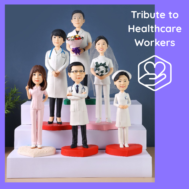 Figurines of healthcare workers on a stand with a blue background and 'Tribute to Healthcare Workers' text. Personalized couple present. Gift for boyfriend girlfriend. Custom-made. Personalized. Perfect gift idea. Meaningful keepsake. Wedding gift. Anniversary gift. Birthday gift