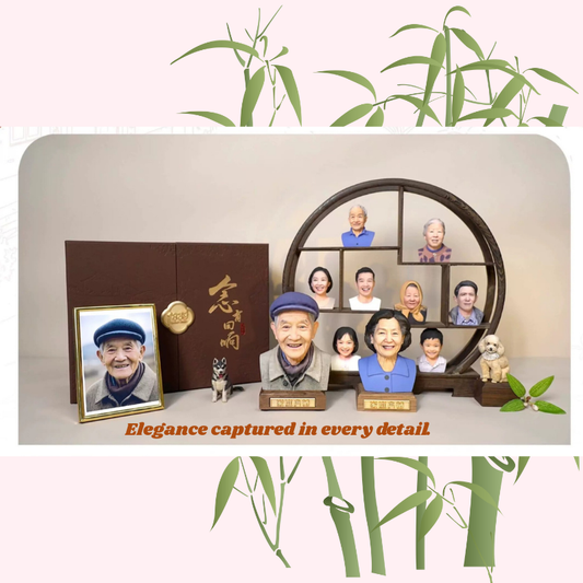 Family portrait display with individuals in a circular frame and a photo album on a light background. Personalized 3D printed resin memorial bust, keepsake gift, Custom resin 3D bust, Grateful memorial for loved one. Unique memorial sculpture. Cherishes memories. Grateful memorial 3D printed resin bust. Personalized keepsake