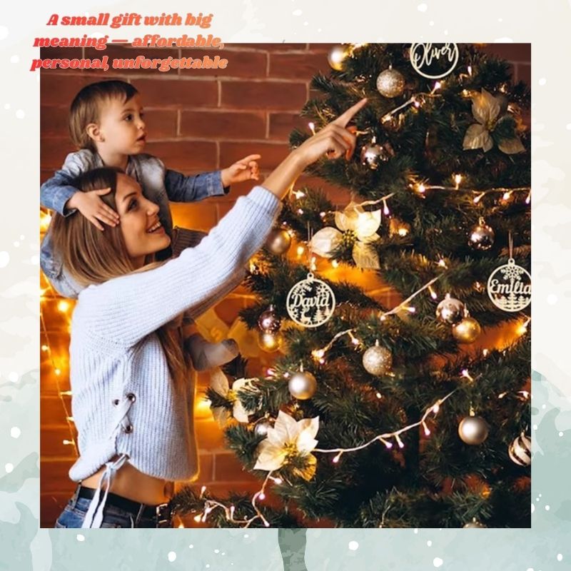 Woman and child decorating a Christmas tree with ornaments, surrounded by warm lighting.