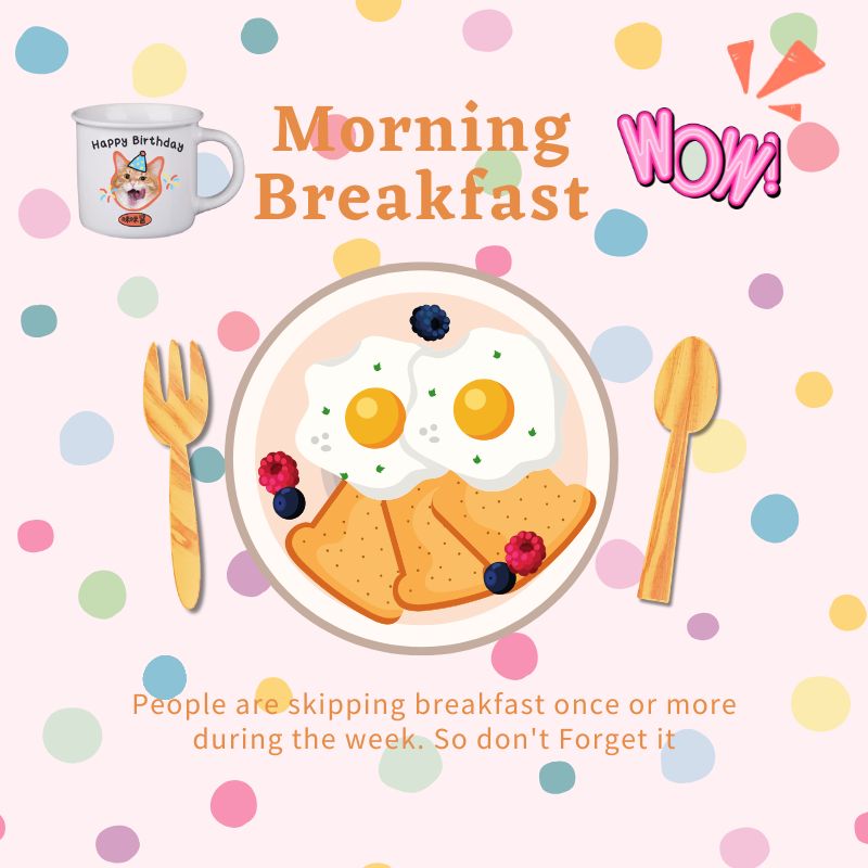 Illustration of a plate with eggs and toast, surrounded by colorful polka dots and a mug with a cat design.