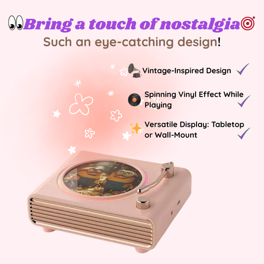 Vintage-inspired record player with spinning vinyl effect on a light pink background. Vintage-Inspired Design. Spinning Vinyl Effect While Playing. Versatile Display : Tabletop or Wall Mount. Personalized couple present. Gift for boyfriend. Custom-made. Personalized. Perfect gift idea. Meaningful keepsake