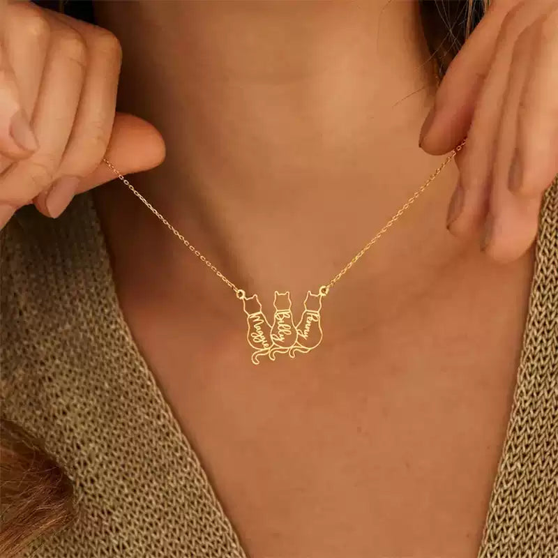 Gold necklace with cat-shaped pendant on a person's neck. Baby Cat Necklace. Stainless Steel Name Jewelry. Custom Gift-Personalized. gift for boyfriend / girlfriend. long-distance relationship gift meaningful keepsake. Memory gift. Christmas couple gift. Birthday Gift. 