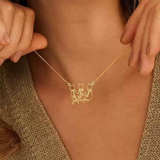 Gold necklace with cat-shaped pendant on a person's neck. Baby Cat Necklace. Stainless Steel Name Jewelry. Custom Gift-Personalized. gift for boyfriend / girlfriend. long-distance relationship gift meaningful keepsake. Memory gift. Christmas couple gift. Birthday Gift. 