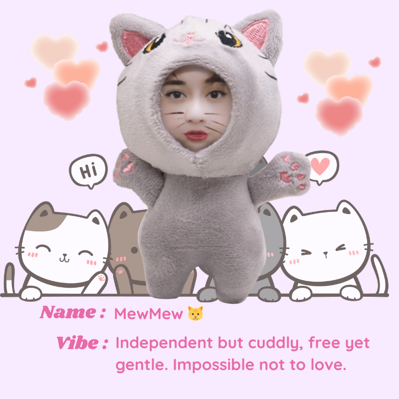 Person wearing a gray cat-themed costume with cartoon illustrations on a pink background. MewMew - Cat. Vibe : Independent but cuddly, free yet gentle. Impossible not to love. Custom Gift-Personalized Talking Photo Keychain, gift for couples, ift for boyfriend / girlfriend long-distance relationship gift meaningful keepsake