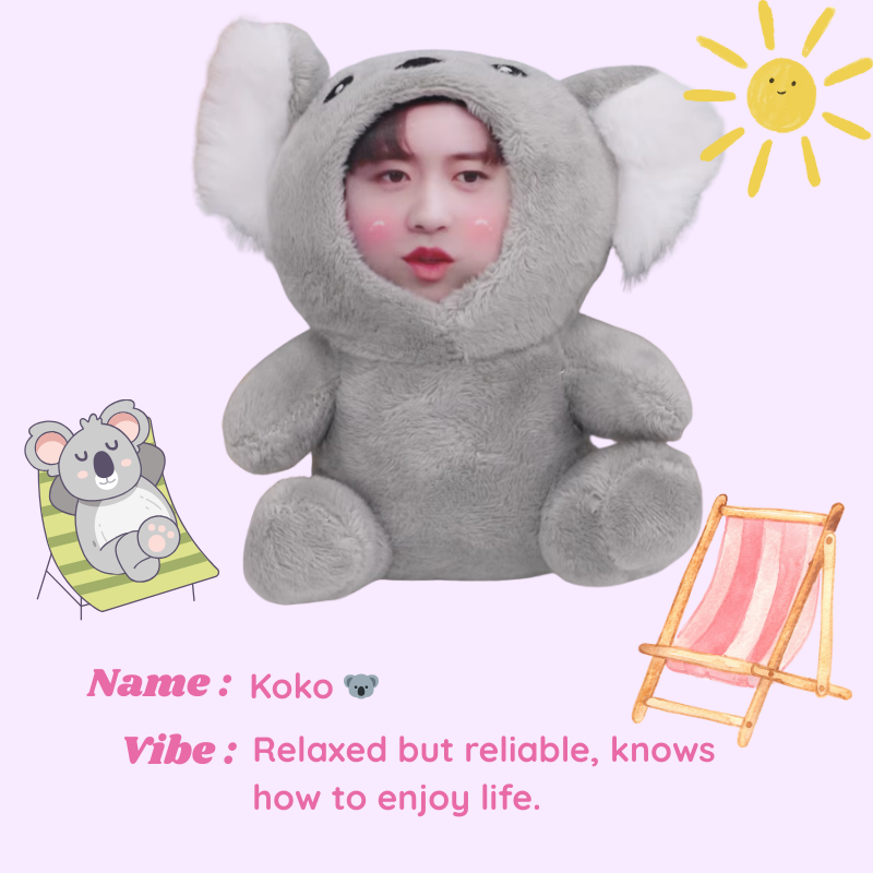 Person wearing a gray elephant costume with cartoon elements on a light purple background. Koko - Koala. Vibe : Relaxed but reliable, knows how to enjoy life. Custom Gift-Personalized Talking Photo Keychain, gift for couples, ift for boyfriend / girlfriend long-distance relationship gift meaningful keepsake