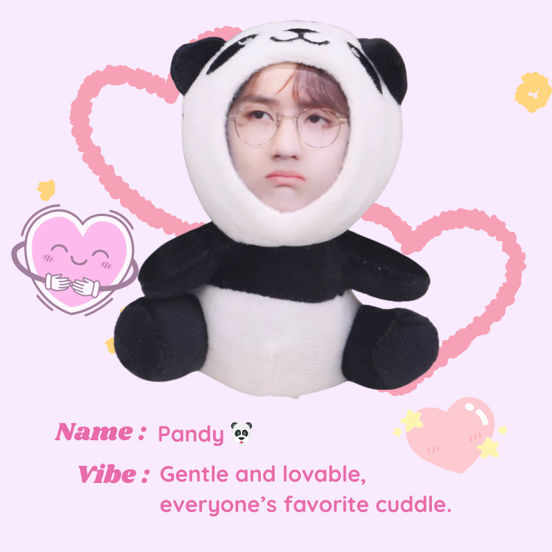 Person wearing a panda plush toy with decorative hearts and text on a pink background. Pandy - Pande. Vibe : Gentle and lovable, everyone's favorite cuddle. Custom Gift-Personalized Talking Photo Keychain, gift for couples, ift for boyfriend / girlfriend long-distance relationship gift meaningful keepsake