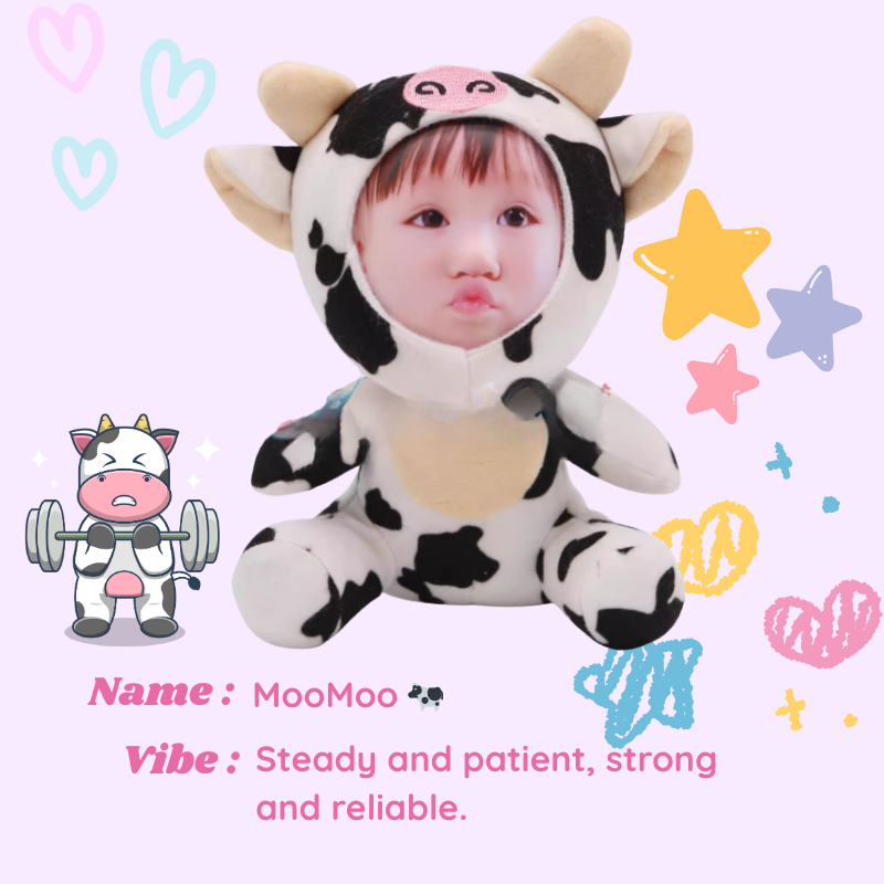 Child in a cow costume with colorful decorations on a pink background. MooMoo - Cow. Vibe : Steady and patient, strong and reliable. Custom Gift-Personalized Talking Photo Keychain, gift for couples, ift for boyfriend / girlfriend long-distance relationship gift meaningful keepsake
