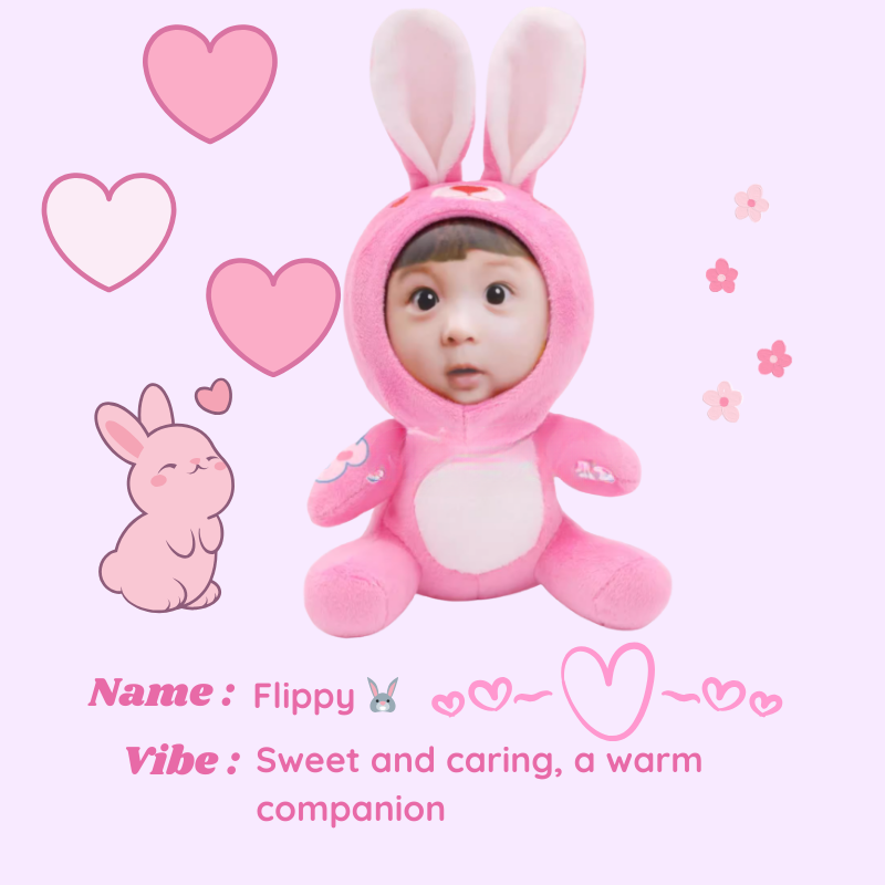 Child in a pink bunny costume with decorative elements on a pink background. Flippy - Rabbit. Vibe : Sweet and caring, a warm companion. Custom Gift-Personalized Talking Photo Keychain, gift for couples, ift for boyfriend / girlfriend long-distance relationship gift meaningful keepsake
