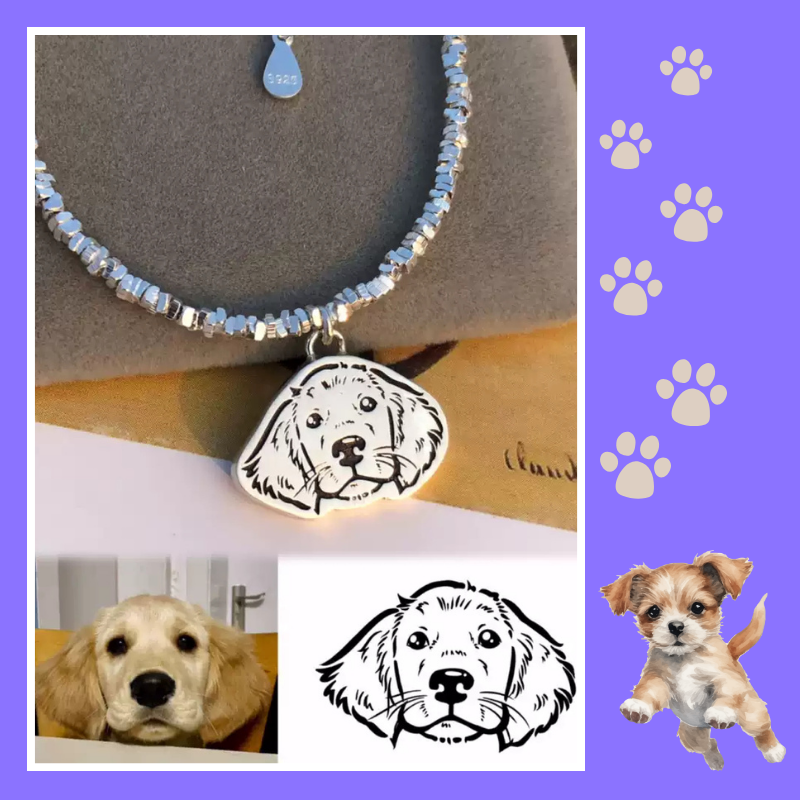 Necklace with a dog pendant, dog illustration, and a puppy photo with a puppy design draft on a purple background with paw prints. memory gift