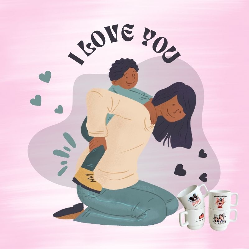 Illustration of a couple hugging with 'I love you' text on a pink background, featuring two mugs.