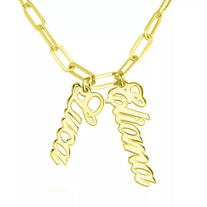 Gold necklace with 'Mom' and 'Dad' charms on a white background. Stainless Steel Name Jewelry. Custom Gift-Personalized. gift for boyfriend / girlfriend. long-distance relationship gift meaningful keepsake. Memory gift. Christmas couple gift. Birthday Gift. Double Name Drop Necklace (Paperclip Chain)
