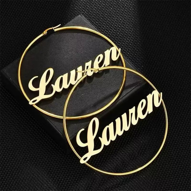 Gold hoop earrings with 'Lauren' engraving on a black background Stainless Steel Name Jewelry. Custom Gift-Personalized. gift for boyfriend / girlfriend. long-distance relationship gift meaningful keepsake. Memory gift. Christmas couple gift. Birthday Gift. Retro Classic Hoop Name Earrings