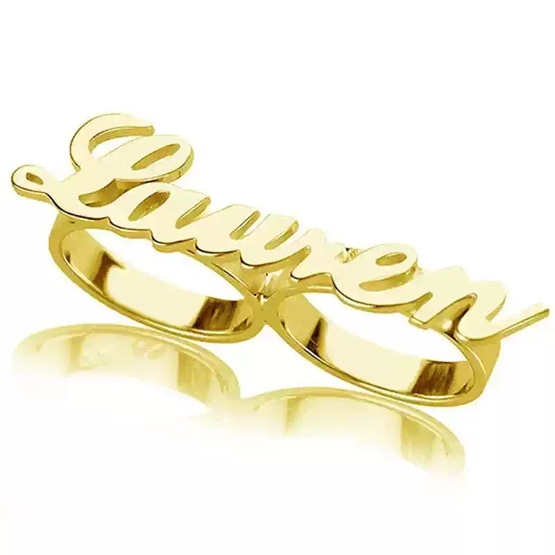 Gold ring with 'Lauren' engraved on a white background. Double hole rings. Stainless Steel Name Jewelry. Custom Gift-Personalized. gift for boyfriend / girlfriend. long-distance relationship gift meaningful keepsake. Memory gift. Christmas couple gift. Birthday Gift. 