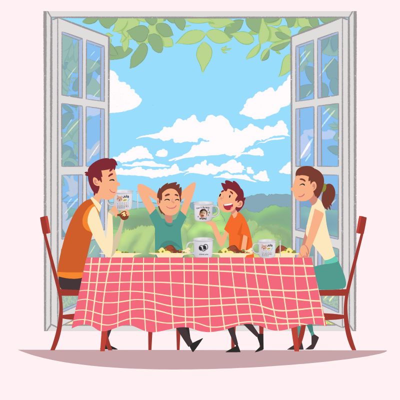 Cartoon family sitting at a table with a scenic view outside