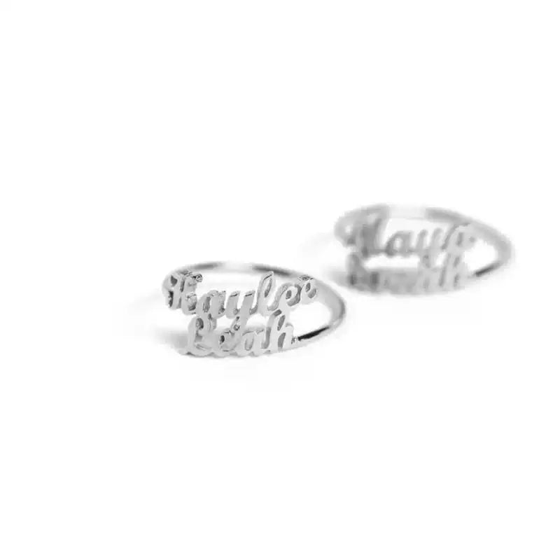 Two silver rings with engraved text on a white background. Stainless Steel Name Jewelry. Custom Gift-Personalized. gift for boyfriend / girlfriend. long-distance relationship gift meaningful keepsake. Memory gift. Christmas couple gift. Birthday Gift. double name. 
