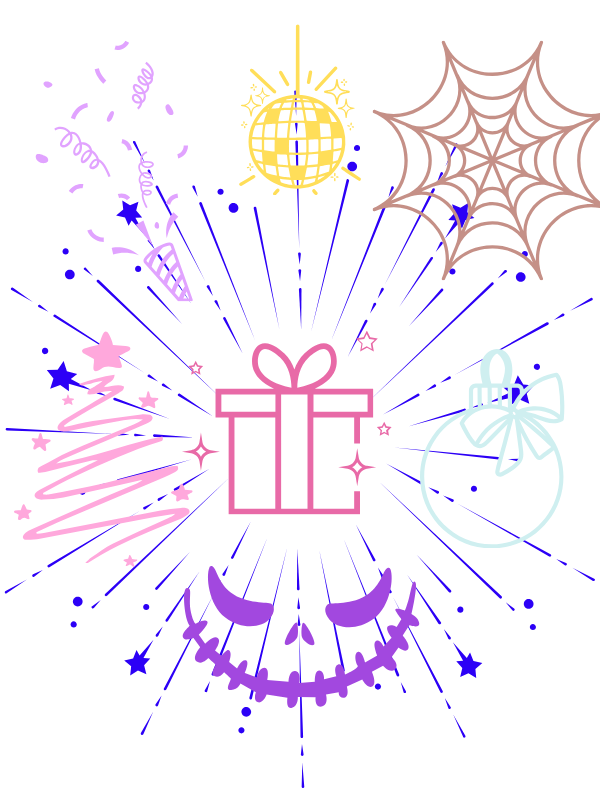 Colorful Halloween-themed icons including a gift box, disco ball, spider web, and jack-o'-lantern face on a white background.