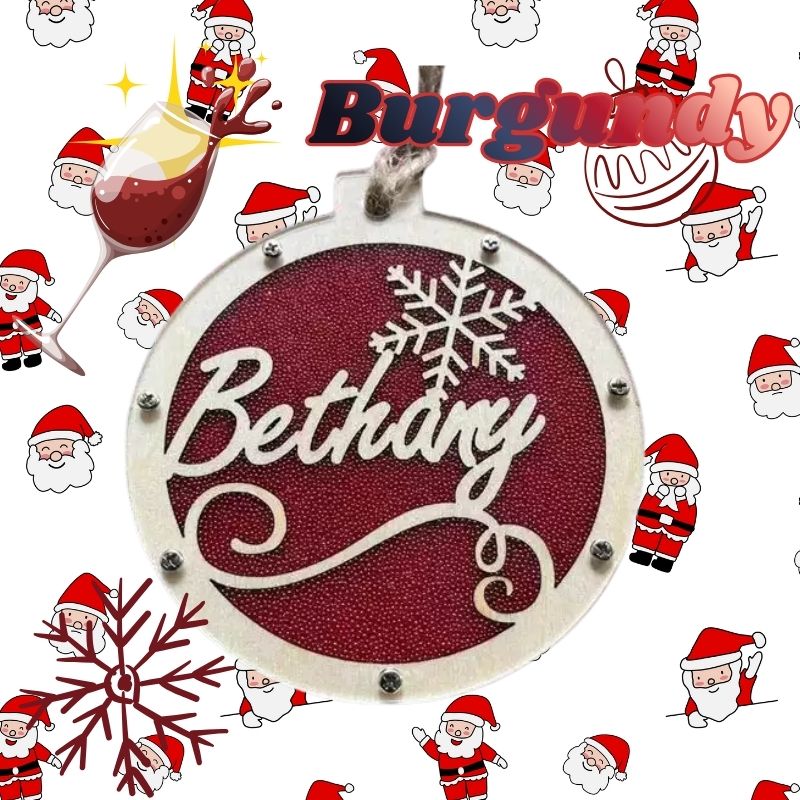 Decorative ornament with 'Bethany' and snowflake design on a red background, surrounded by Christmas-themed illustrations. custom Christmas Gift
