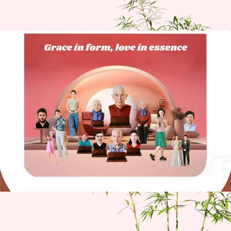 Illustration of a family gathering with text 'Grace in form, love in essence' on a red background. Personalized 3D printed resin memorial bust, keepsake gift, Custom resin 3D bust, Grateful memorial for loved one. Unique memorial sculpture. Cherishes memories. Grateful memorial 3D printed resin bust. Personalized keepsake