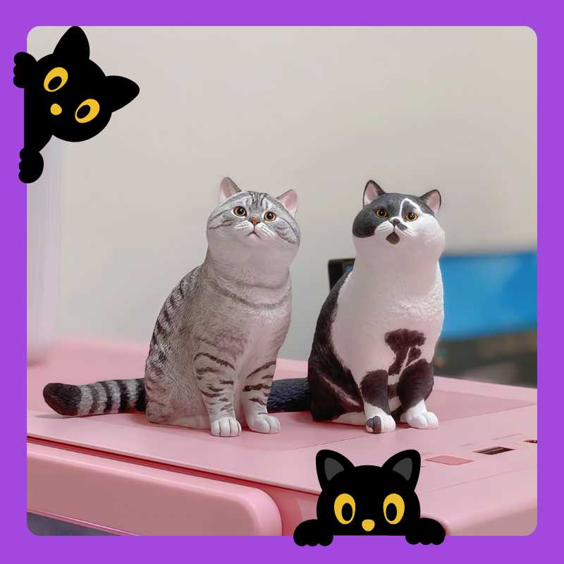 Two cat figurines on a pink surface with cartoon cat faces at the corners. two cars figurine focus on the upside together. Memory gift, Pet lovers, Personalized 3D printed dog figurine, pet memory keepsake, Custom 3D printed cat figurine, cherished pet gift, beloved pet, Perfect memory gift