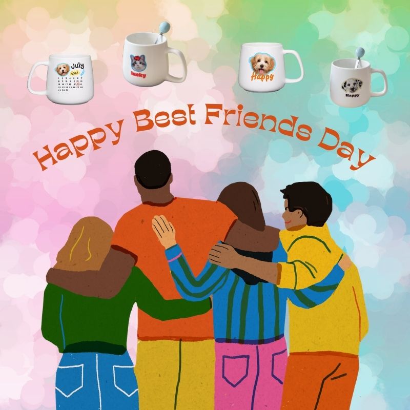 Illustration of four people hugging with 'Happy Best Friends Day' text and mugs in the corner.