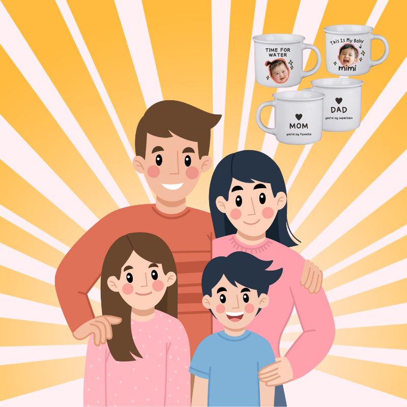 Cartoon family with personalized mugs on a yellow and white background
