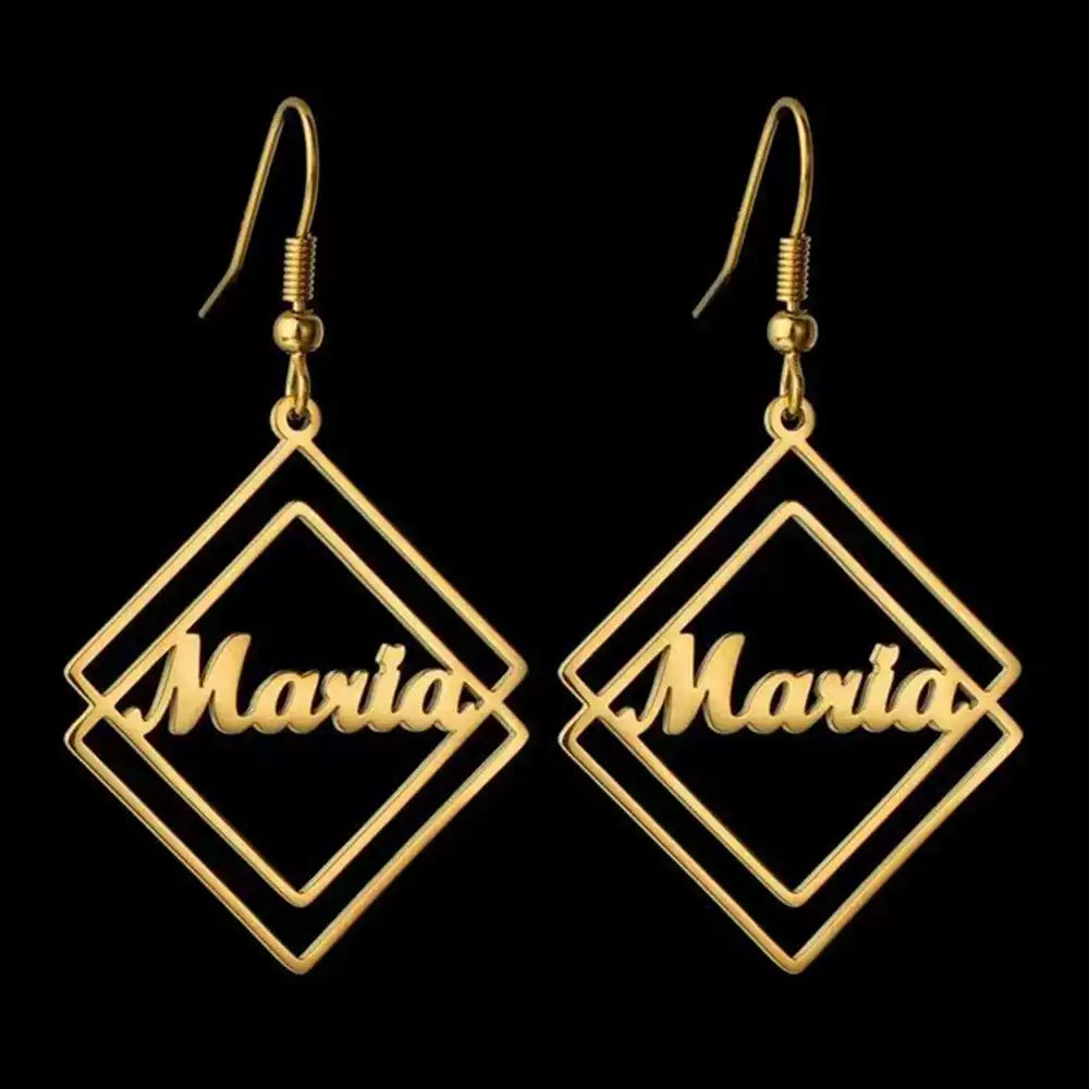 Gold earrings with 'Maria' engraving on a black background Stainless Steel Name Jewelry. Custom Gift-Personalized. gift for boyfriend / girlfriend. long-distance relationship gift meaningful keepsake. Memory gift. Christmas couple gift. Birthday Gift. Geometric Stack Hook Earrings