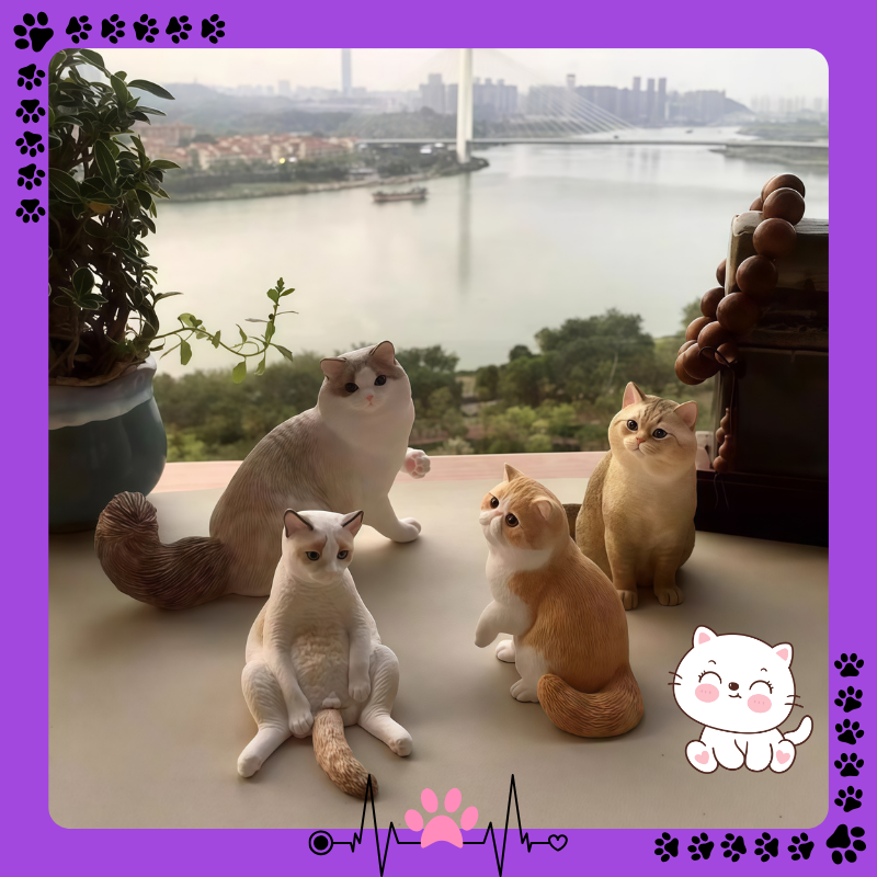 Cat figurines on a windowsill with a cityscape and river view. four cats have different post. Memory gift, Pet lovers, Personalized 3D printed dog figurine, pet memory keepsake, Custom 3D printed cat figurine, cherished pet gift, beloved pet, Perfect memory gift