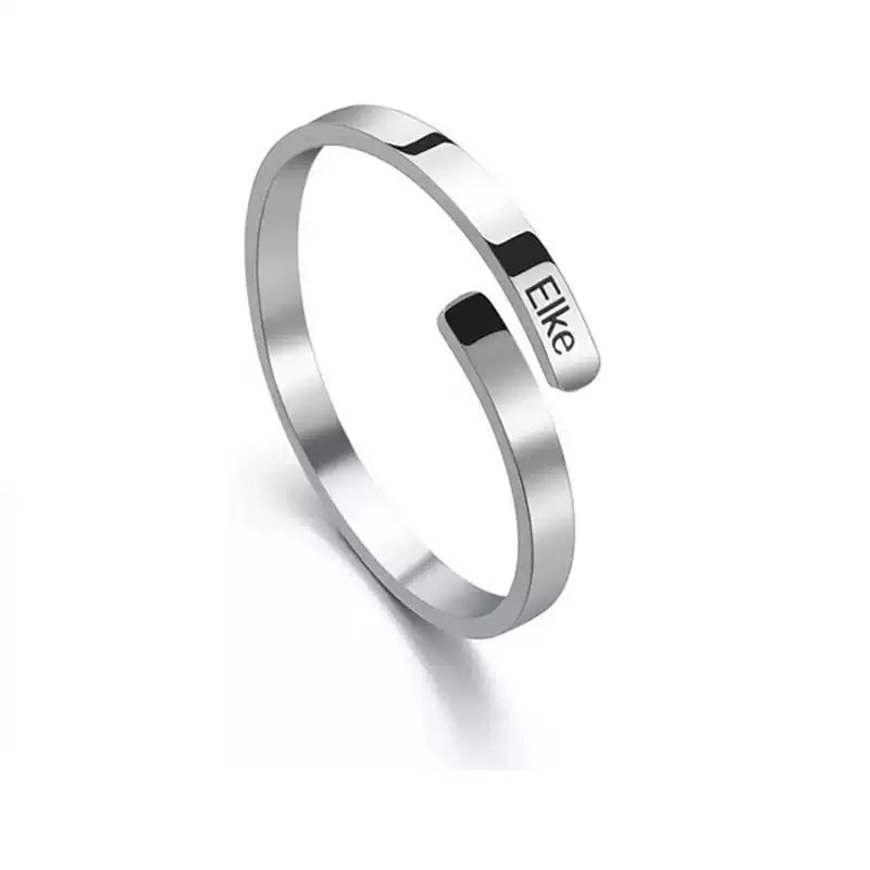 Silver ring with 'Eike' engraving on a white background. Stainless Steel Name Jewelry. Custom Gift-Personalized. gift for boyfriend / girlfriend. long-distance relationship gift meaningful keepsake. Memory gift. Christmas couple gift. Birthday Gift. Timeless Engrave
