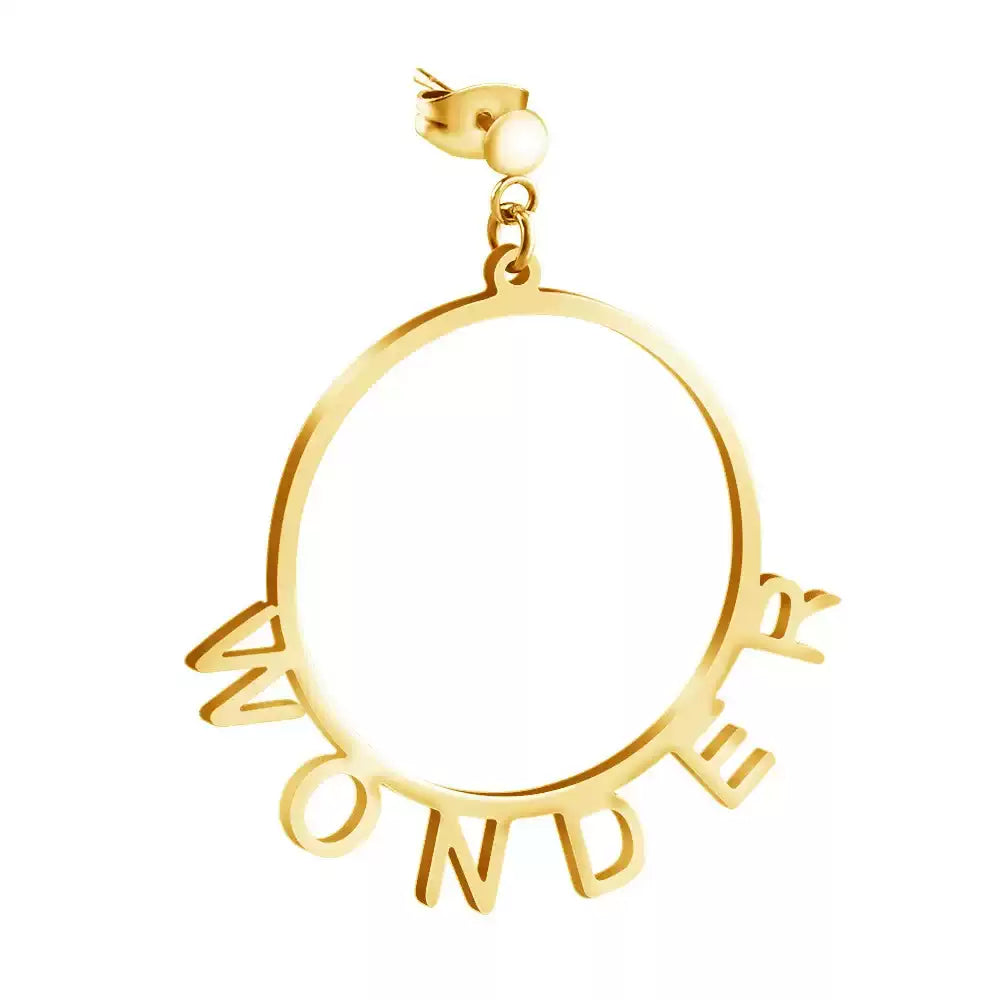 Gold hoop earring with 'AMORE' inscription on a white background Stainless Steel Name Jewelry. Custom Gift-Personalized. gift for boyfriend / girlfriend. long-distance relationship gift meaningful keepsake. Memory gift. Christmas couple gift. Birthday Gift. Playful Circle Name Earrings