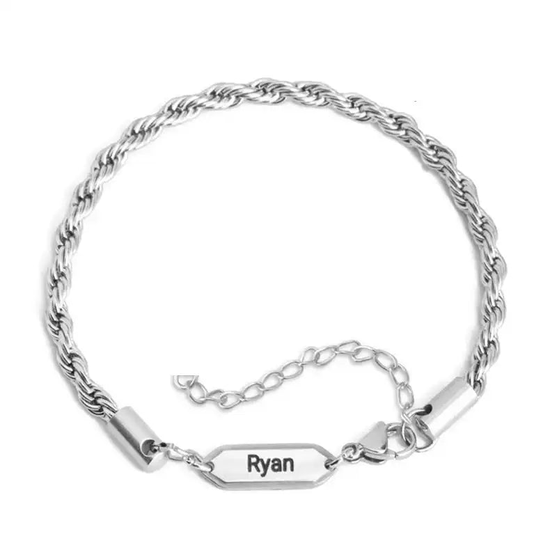 Silver chain bracelet with a name tag on a white background. Rope chain. Stainless Steel Name Jewelry. Custom Gift-Personalized. gift for boyfriend / girlfriend. long-distance relationship gift meaningful keepsake. Memory gift. Christmas couple gift. Birthday Gift. 