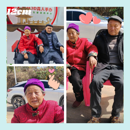 Collage of an elderly couple sitting together with close-up shots of them. 3D printed figurine for elderly, Personalized couple present. Gift for boyfriend girlfriend. Custom-made. Personalized. Perfect gift idea. Meaningful keepsake. Wedding gift. Anniversary gift. Birthday gift