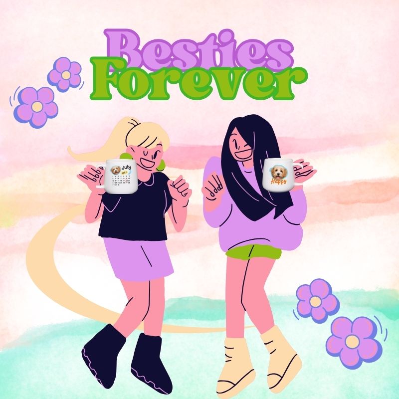 Two cartoon characters holding mugs with a 'Besties Forever' text on a colorful background.