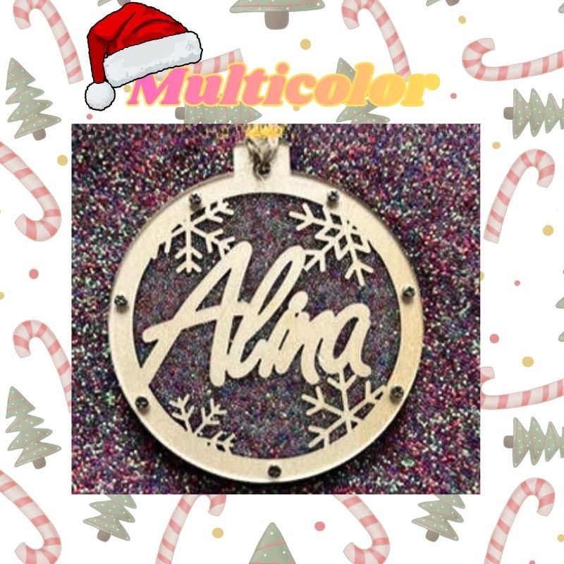 Decorative ornament with 'Alina' on a glittery background, surrounded by Christmas-themed elements. custom Christmas Gift